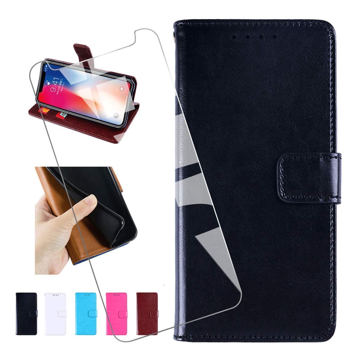 KJYF Wallet Case + Tempered Glass Screen Protector for Nokia 2.3 (6.20"), Flip Shell PU Leather Phone Cover Protective Compatible with for Nokia 2.3 (6.20").