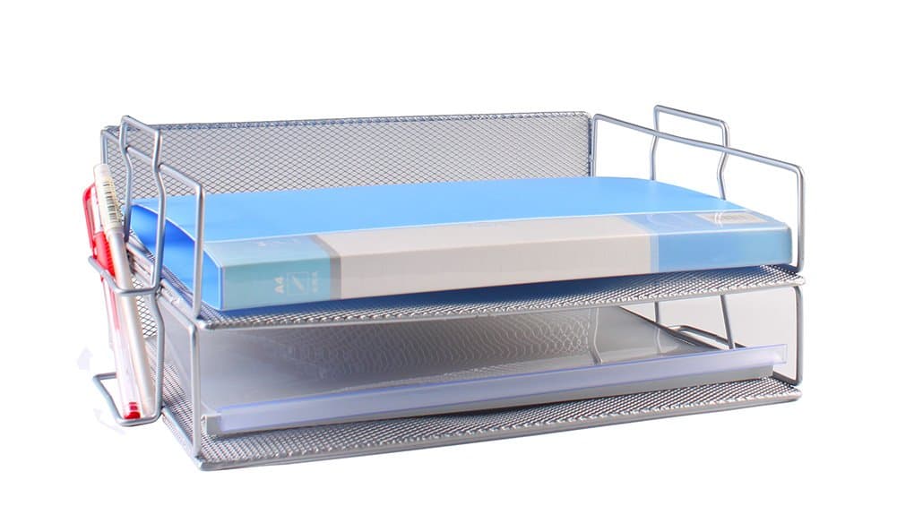 Document Tray Office Desk Organizer Mesh Collection Letter Tray Stackable Shelves Desktop Paper Holder (Silver, 2-Tier)