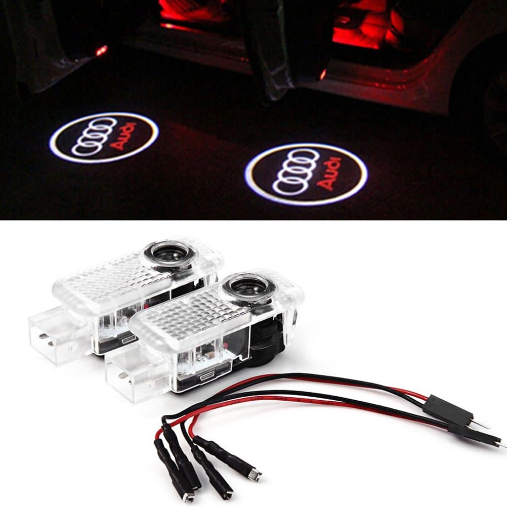 Aukur 2PCS Car Logo Ghost Shadow Emblems Wireless Door Sensor Lights No Drill Type Led Laser Door Shadow Light For Audi A1 A3 A4 A5 A6 A7 A8 Q3 Q7 R8 RS TT.
