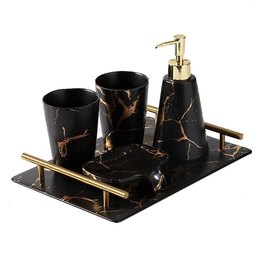 GSAGJysb Marble Pattern Tray Set, Bathroom Brush Cup/Soap Box/Lotion Bottle/Tray/Black Gold Tray Five-Piece