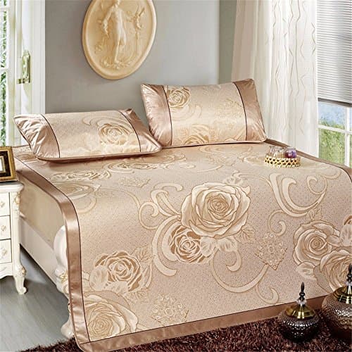 Quietness @ Ice Silk Cool Mat and Pillow Sets Summer Sleeping Pad Mattress Three-Piece, gold,180X200 CM