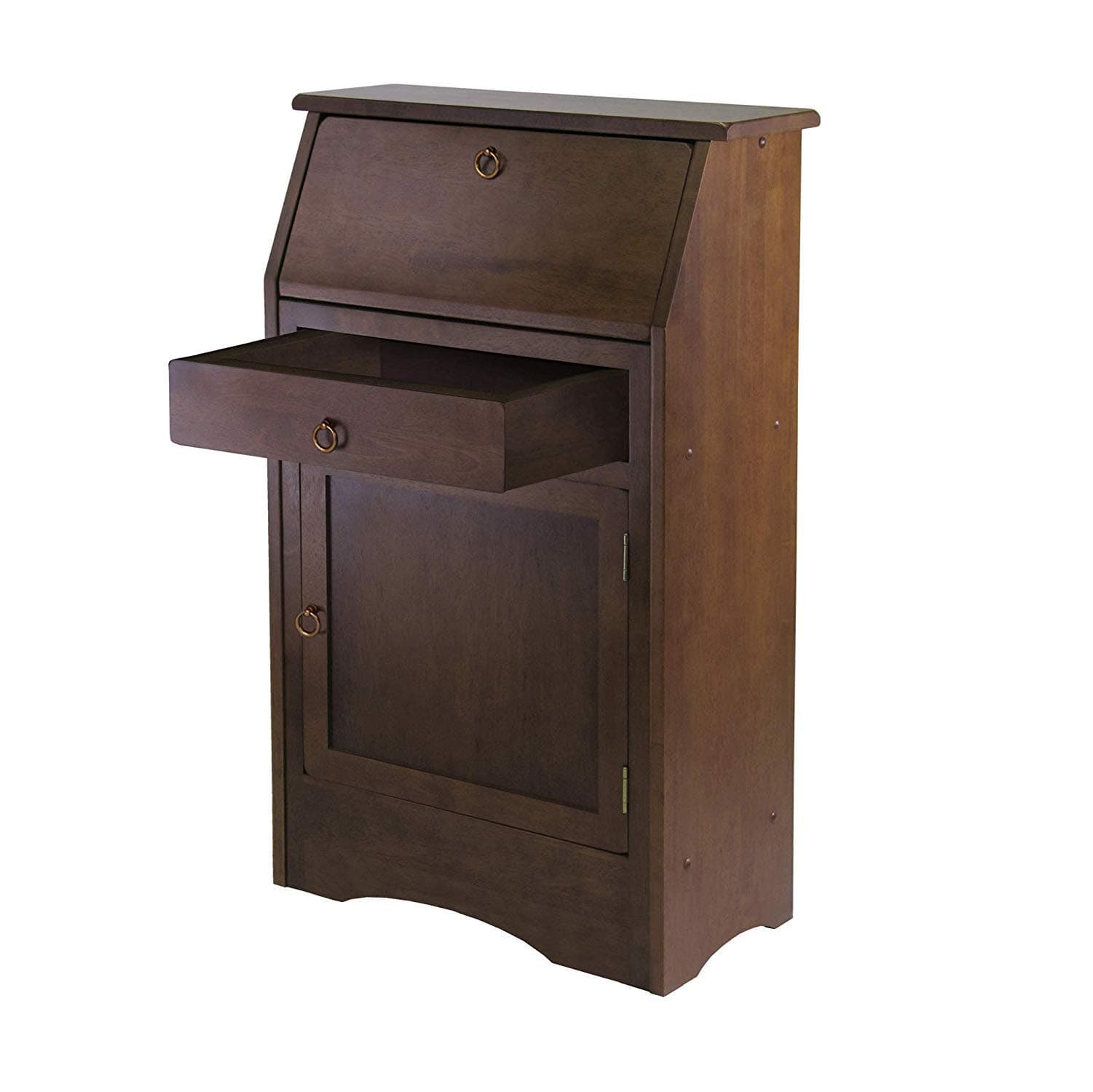 Small Secretary Desk - Roll Top Study Desk with Drawer and Storage Shelves - Walnut Finish