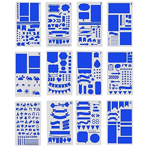 ZJKOO Bullet Journal Stencil Plastic Planner Stencils Journal/Notebook/Diary/Scrapbook DIY Drawing Template Stencil (4x7 Inch, 12 Pieces)
