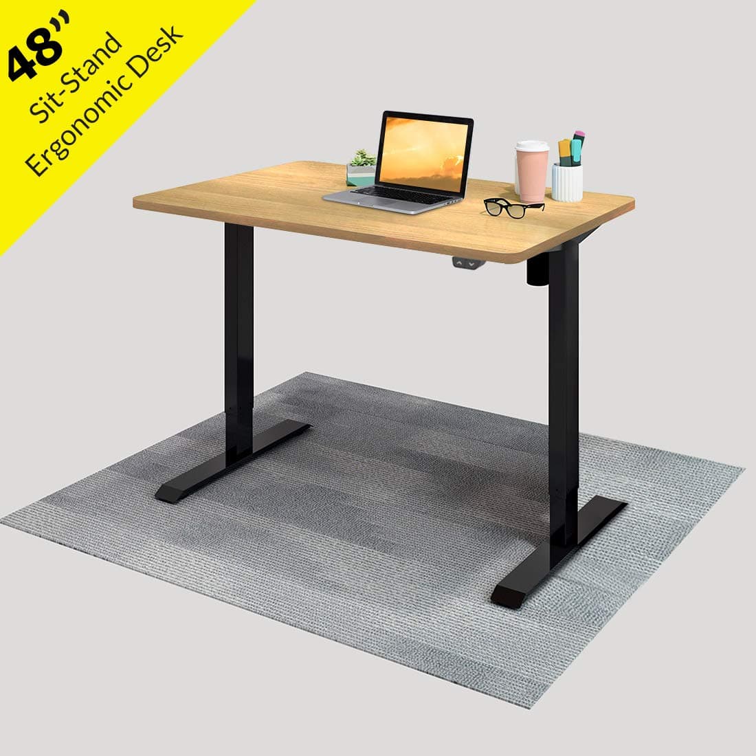 Electric Height Adjustable Standing Desk, 48" Sit Stand Up Computer Desk Workstation for Home Office (Black Frame/Wood Desktop, 48 x 30 inch)