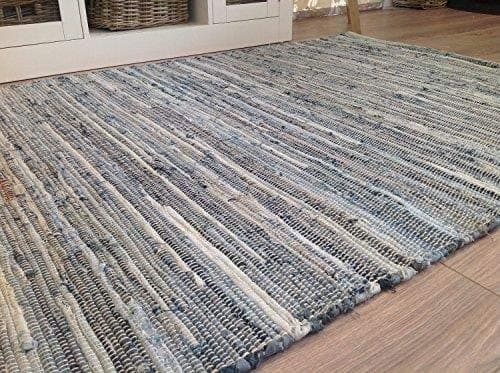 Second Nature Online DENIM Rag Rug | Ethically Sourced | Eco-Friendly | Handwoven | Blue Pale Thick Weave | Hand Loomed with Fabric Strips | Large Size (120 x 180 cm)