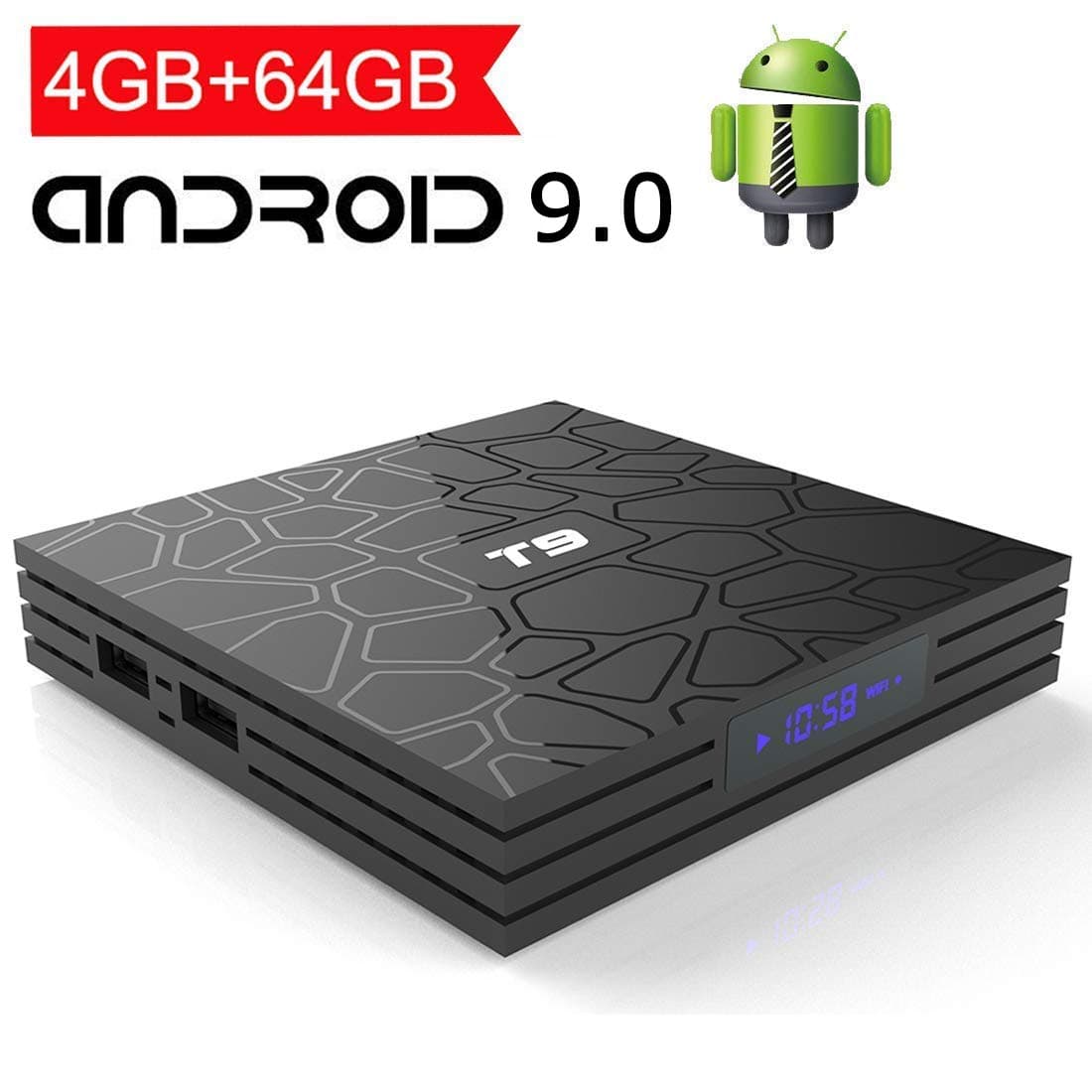 EASYTONE Android 9.0 TV Box with 4GB Ram 64GB Rom,T9 Android TV Box Quad Core/ 64 Bits/Dual WiFi 2.4G+5G/ BT4.0/USB 3.0/ H.265/ 3D UHD 4K Smart Internet TV Box