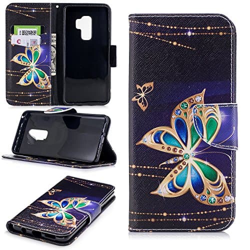 VinMas Galaxy S9 Plus Case, Premium PU Leather Wallet Case with Kickstand and Flip Cover for Samsung Galaxy S9 Plus (Black-Yellow Butterfly)