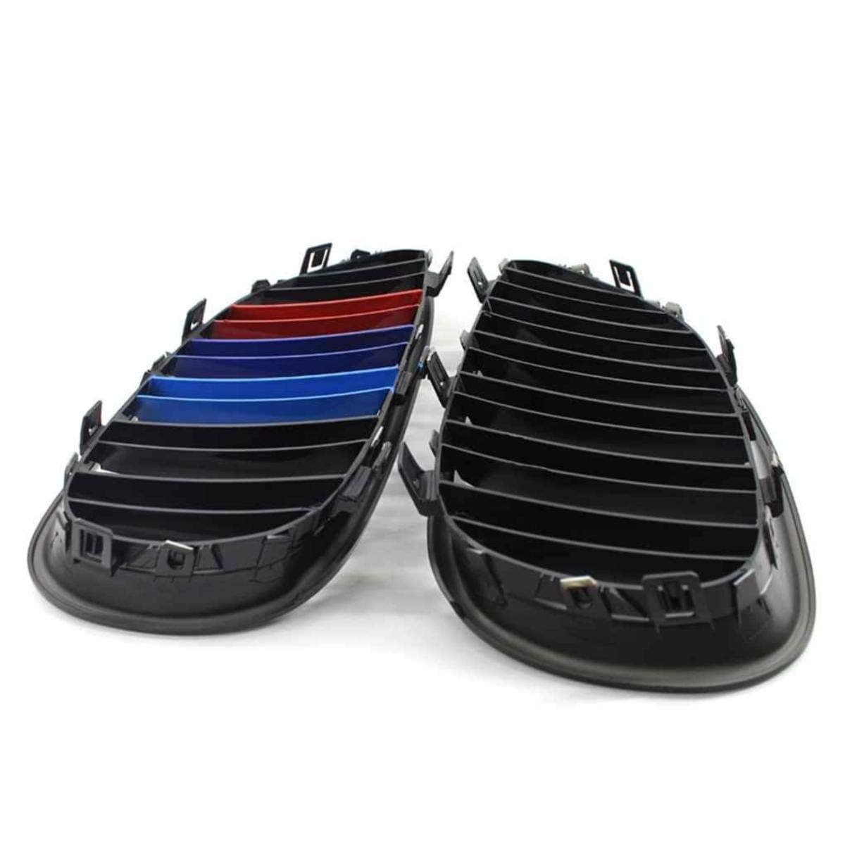 Riseking 2pcs for 2003-2009 BMW E60 E61 5-Series Sedan Wagon 525 528 530 535 540 545 550 M5 Glossy Black M-Tri Color Dual Fin Slat Kidney Grille Front Bumper Hood ABS Plastic Grille RK09-D-GBM