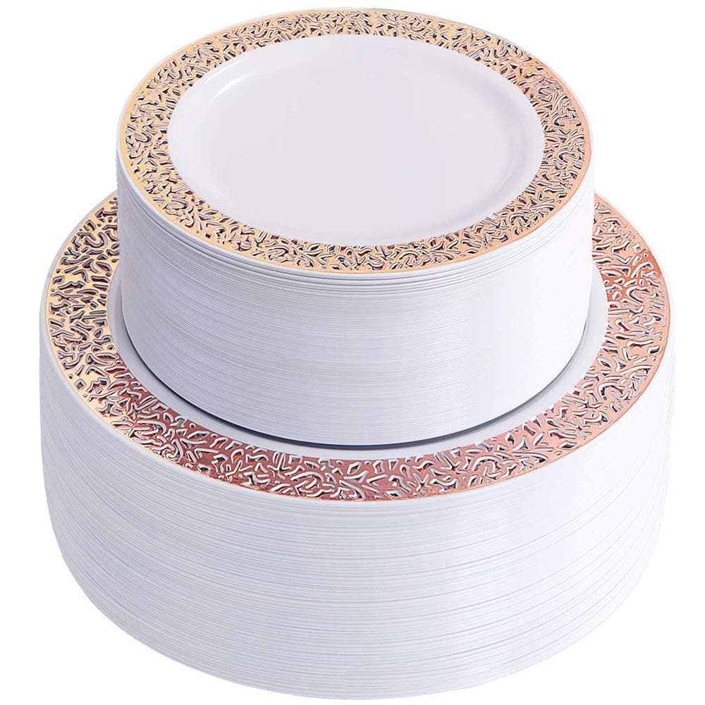 LiangDa A Wedding Plate Disposable Plastic Cutlery Set Silver With A Silver Lace Design And Heavy Grade Wedding Party Tray Disposable Plastic Plate (Color : Rose gold, Size : One size)