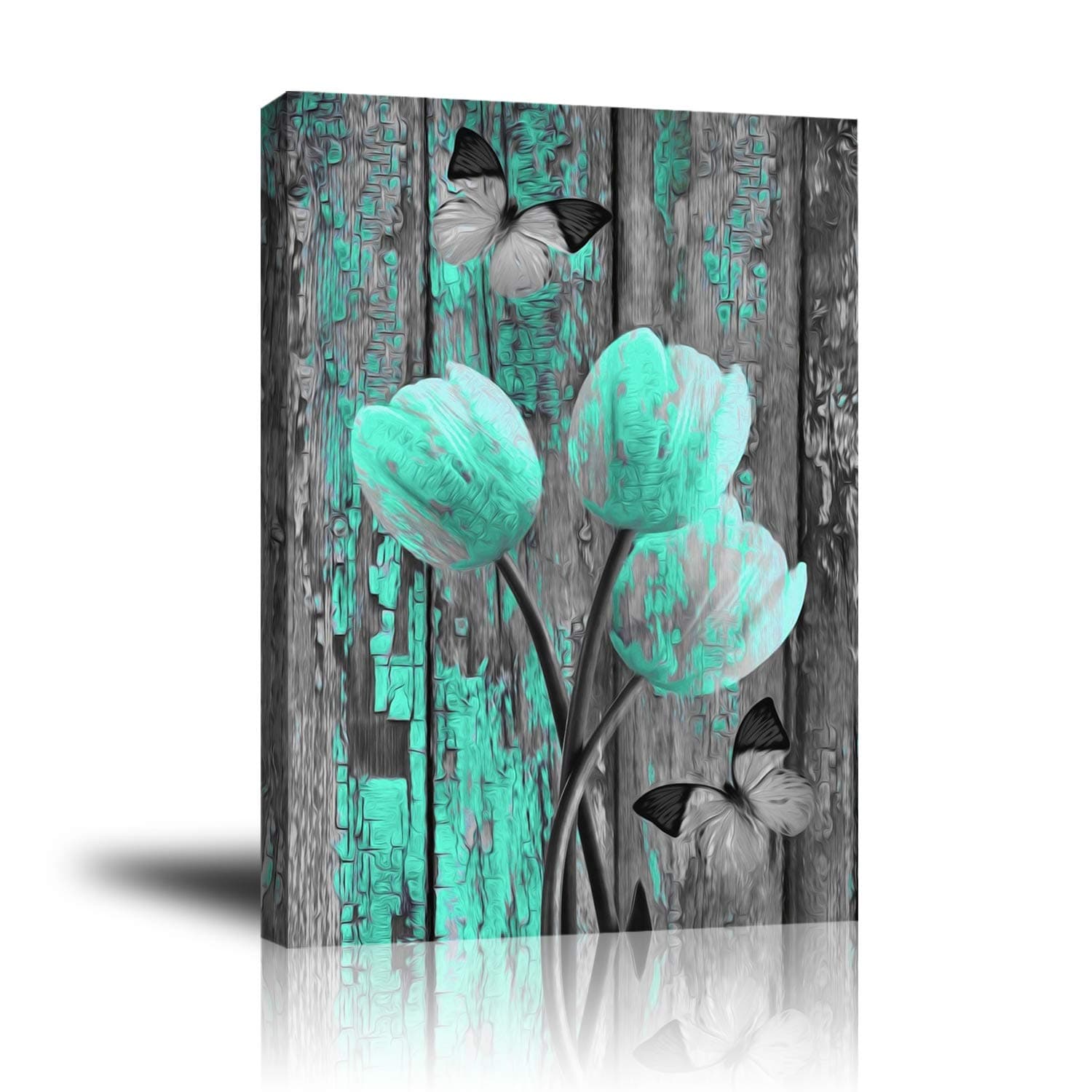 Giclee Canvas Wall Art for Home Decoration, Abstract Canvas Wall Decor, Modern Paintings Picture Decorative Artwork for Livingroom Bedroom Bathroom 16x20 (Green Rustic Tulip Butterfly Vintage)