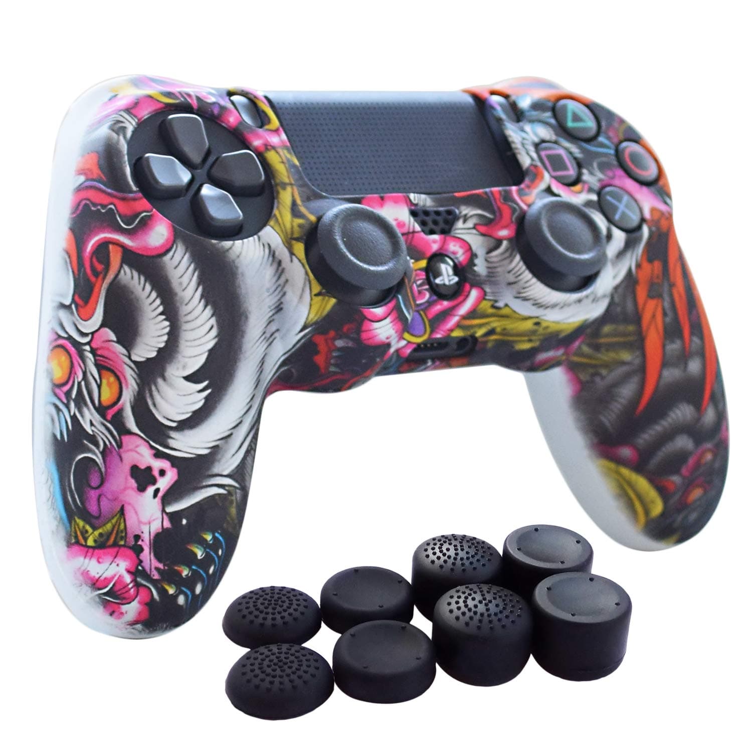 Hikfly Silicone Controller Cover Skin Protector Case Faceplates Kits for Sony Playstation 4 PS4/PS4 Slim/PS4 Pro Cntroller Video Games(1x Camouflage Cover with 8 x FPS Pro Thumb Grips Caps)(White Paw)