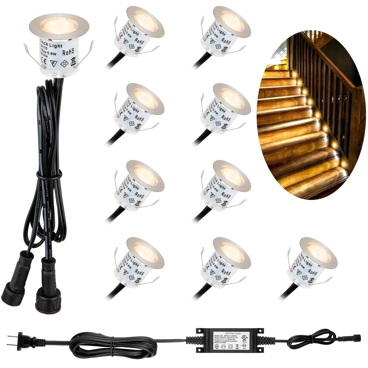 LED Deck Lights Recessed LED Deck Lighting 12V Low Voltage, 3000K Warm White, IP67 Waterproof, with Protective Shell for Indoor and Outdoor Garden, Patio, Steps, Driveway, Deck, Kitchen, Bathroom