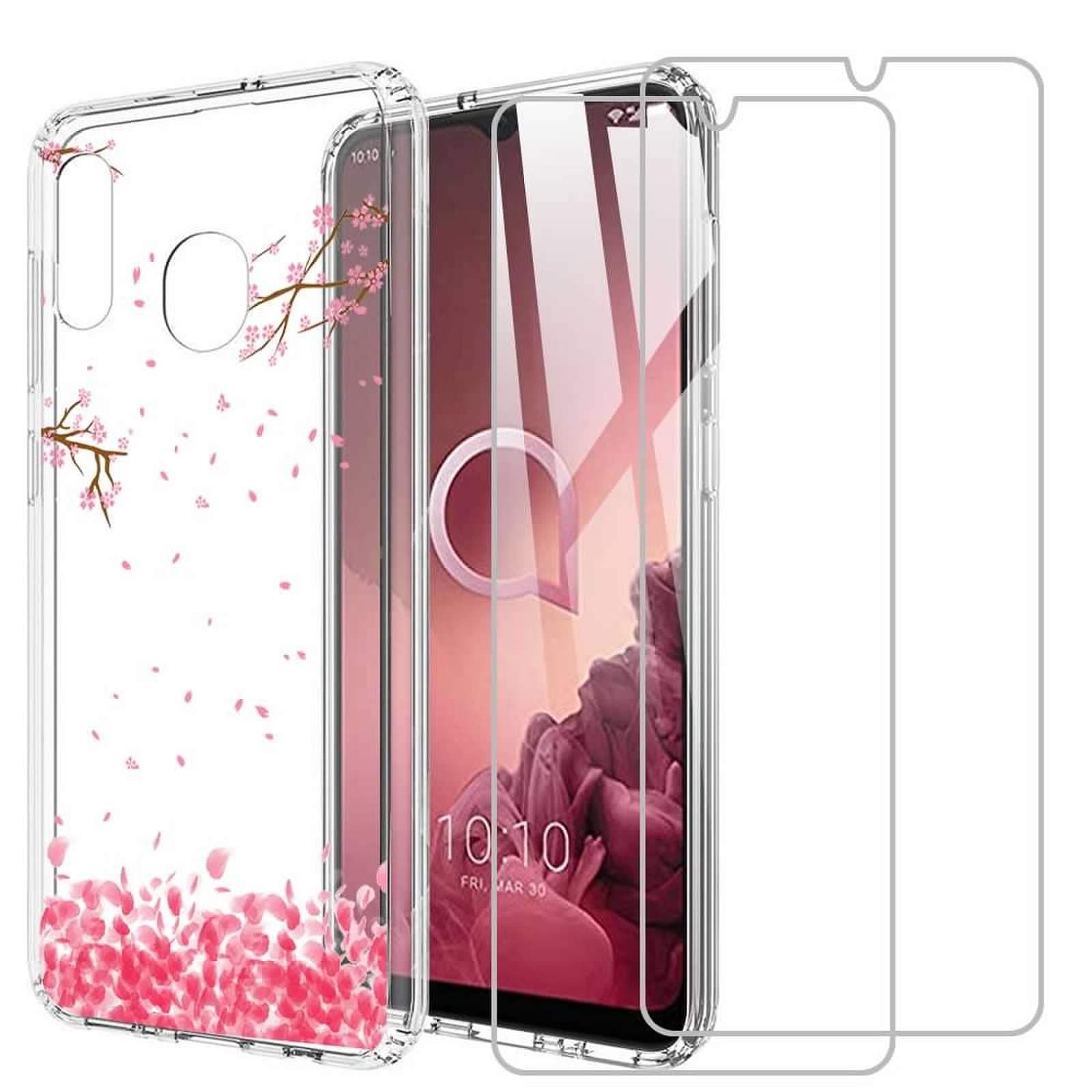 (3 in 1) for Alcatel 3X 2019 Case + (2 Pack) Glass Screen Protector Slim Clear Soft TPU Silicone Phone Case Cover with (Flower 6) Transparent for Alcatel 3X 2019