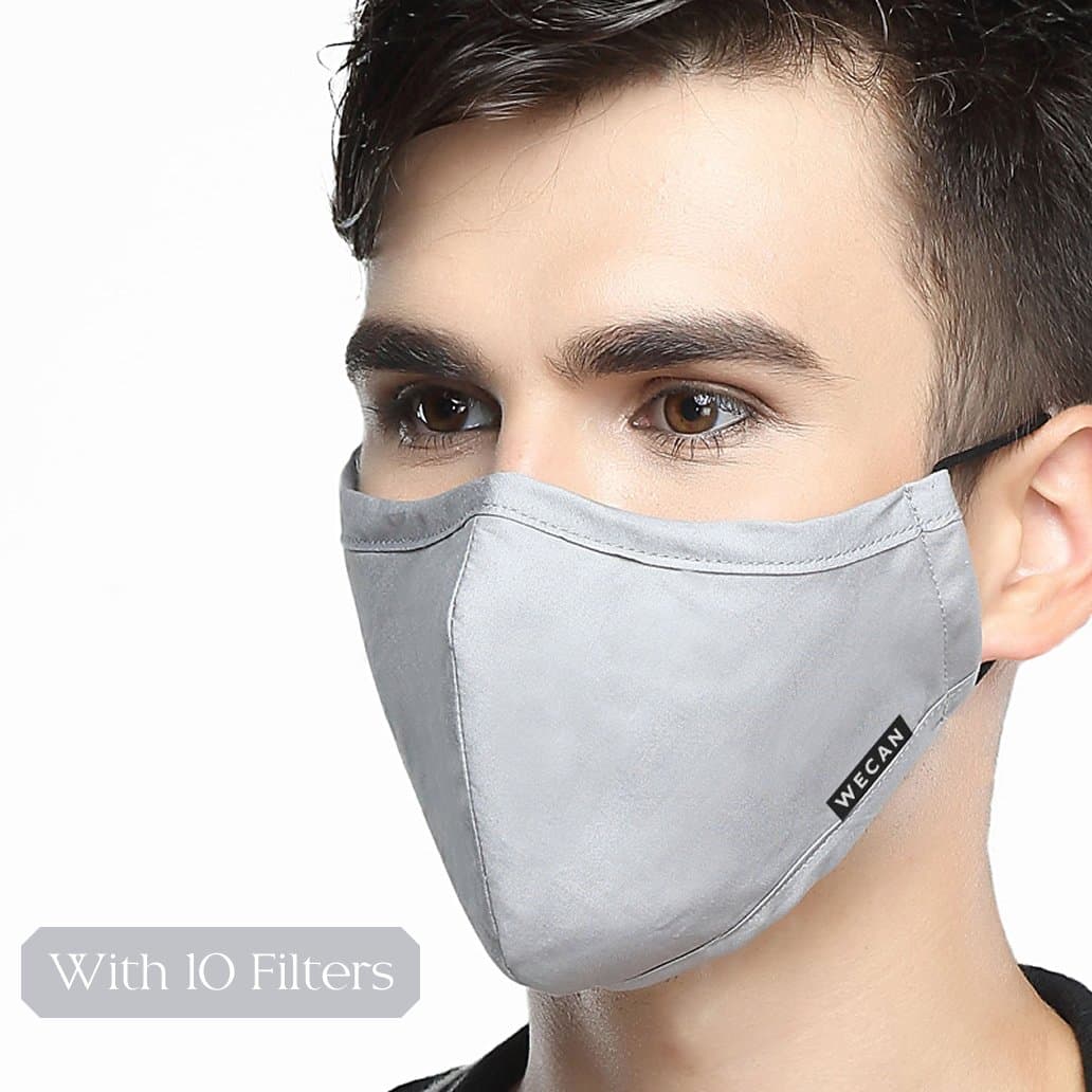 Dust Mask 5 Layer Activated Carbon Filter Washable Replaceable Filter For Man And Women (One Mask + 10 filters) Men Light Grey