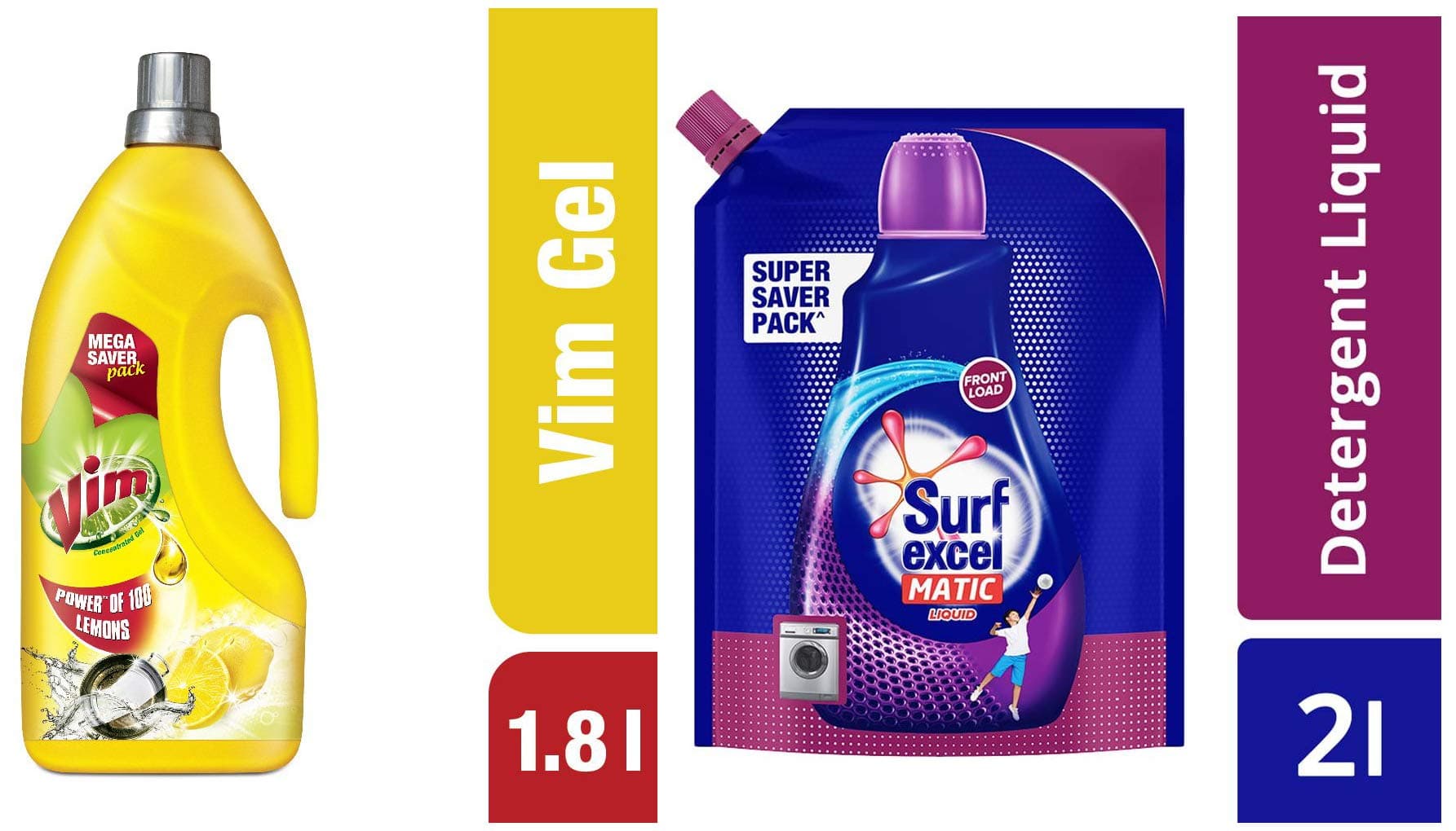 Vim Dishwash Gel, Lemon, 1.8 L & Front Load Matic Liquid Detergent Pouch - 2 L Combo