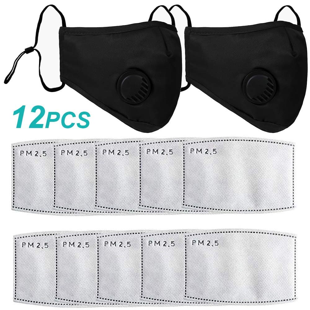 Landuoer 10PCS PM2.5 Activated Carbon Filter Replaceable Anti Haze Filter Paper for Mask, 2PCS Black Face Mask for Cycling Running Riding Sport Travel Work School Shopping Daily Life