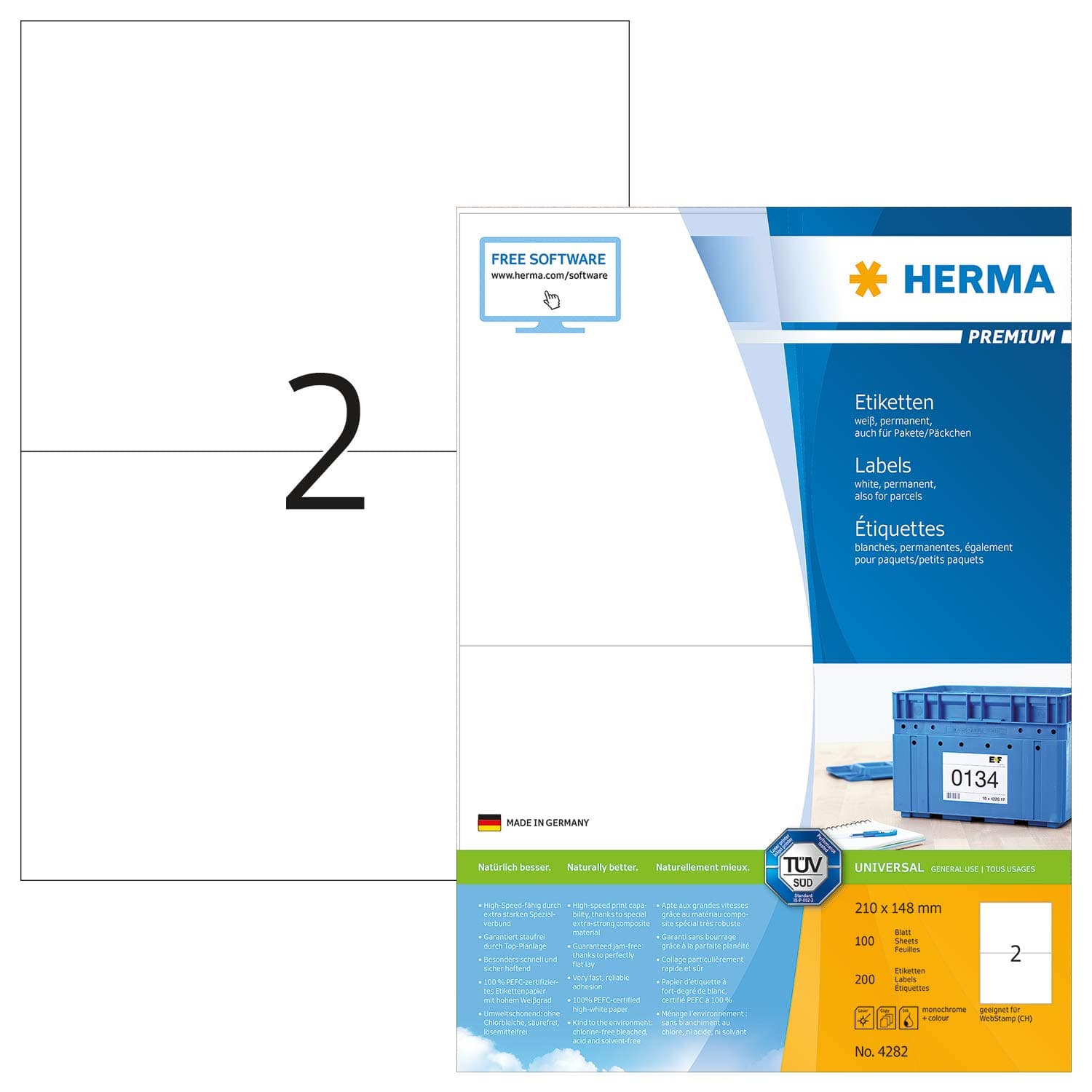 HERMA Self Adhesive Multi-Purpose Labels, 2 Labels Per A4 Sheet, 200 Labels For Laser And Inkjet Printers, Large, 210 x 148 mm (4282)