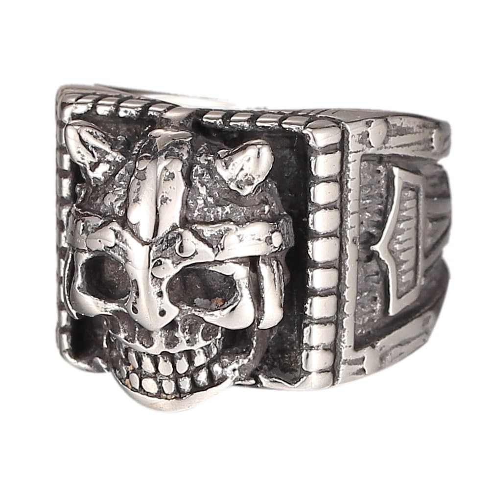 Eosing Death Mens Thor's Hammer Vikings Skull Head Devil Horns Stainless Steel Ring
