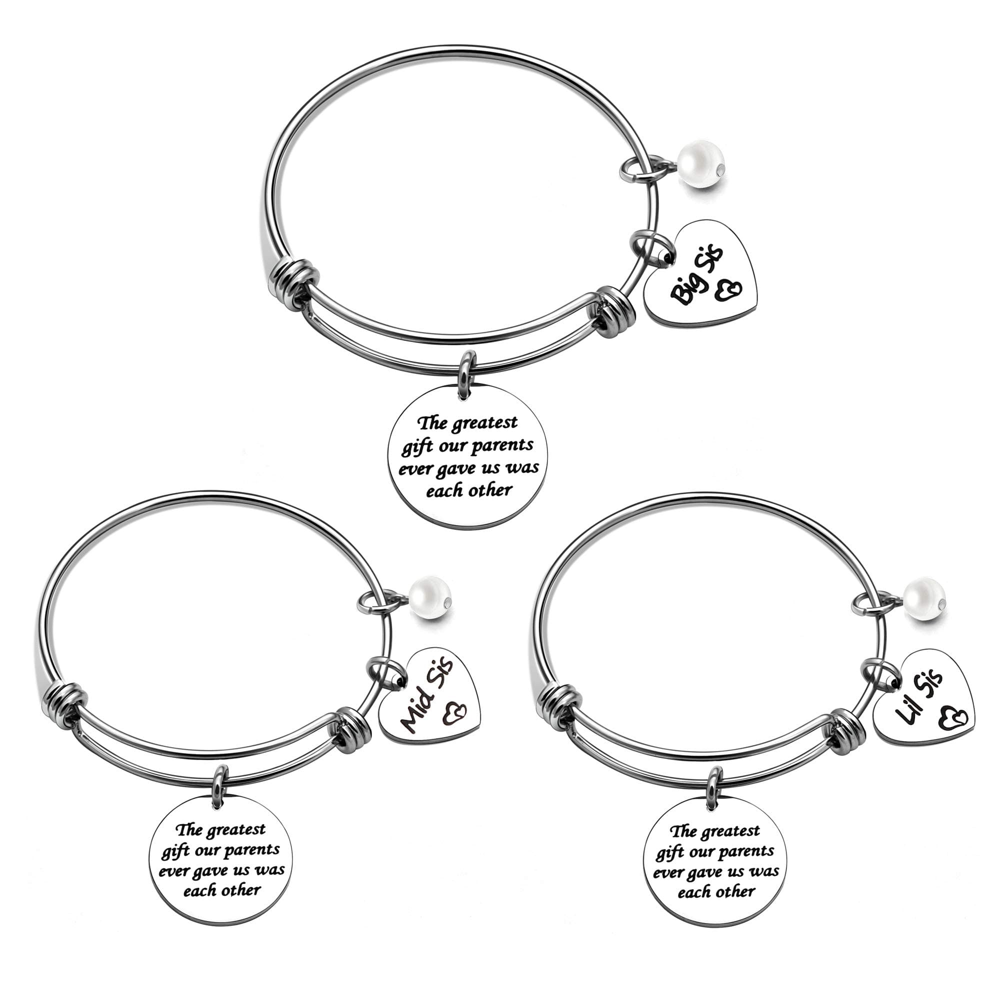 Adjustable Silver Bracelet Bangle For Big Sis Middle Sis Little Sis 3 PCS Set