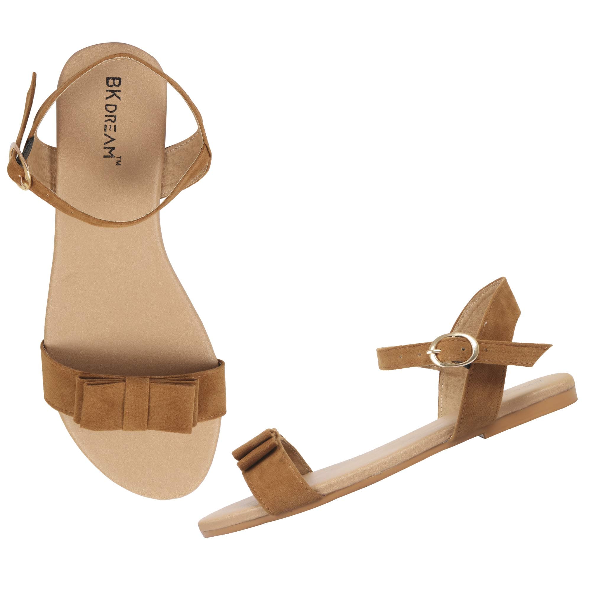 BK DREAM Women Flat Sandals with Ankle Strap (Tan, Numeric_6)