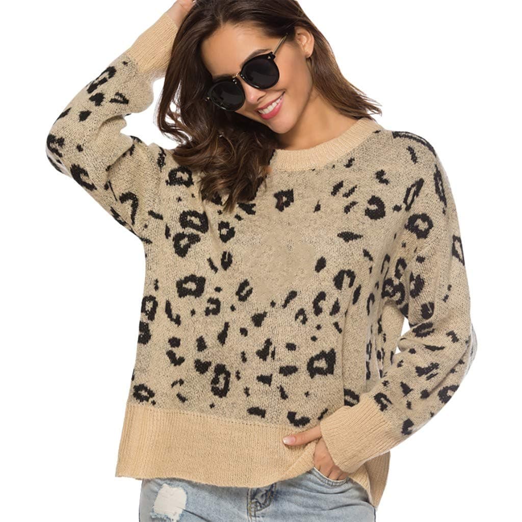 Womens Oversize Pullover Leopard Print Long Sleeve Round Neck Knitting Warm Sweater Blouse Tops