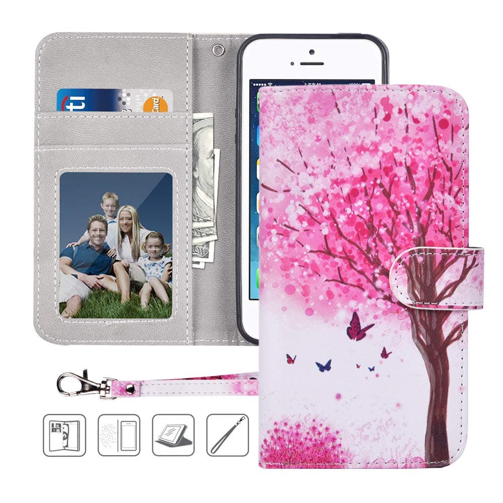 iPhone SE / 5S / 5 Wallet Case,MagicSky iPhone SE/5S/5 Case Premium PU Leather Flip Folio Case Cover with Wrist Strap,Card Holder,Cash Pocket,Kickstand for Apple iPhone 5S/5/SE,Pink Tree