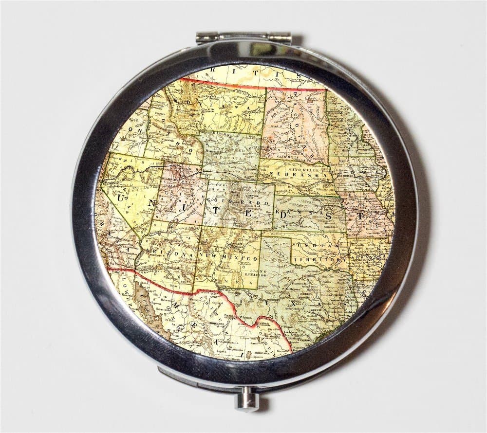 Antique US Map Compact Mirror Geography Vintage Maps Make Up Pocket Mirror for Cosmetics