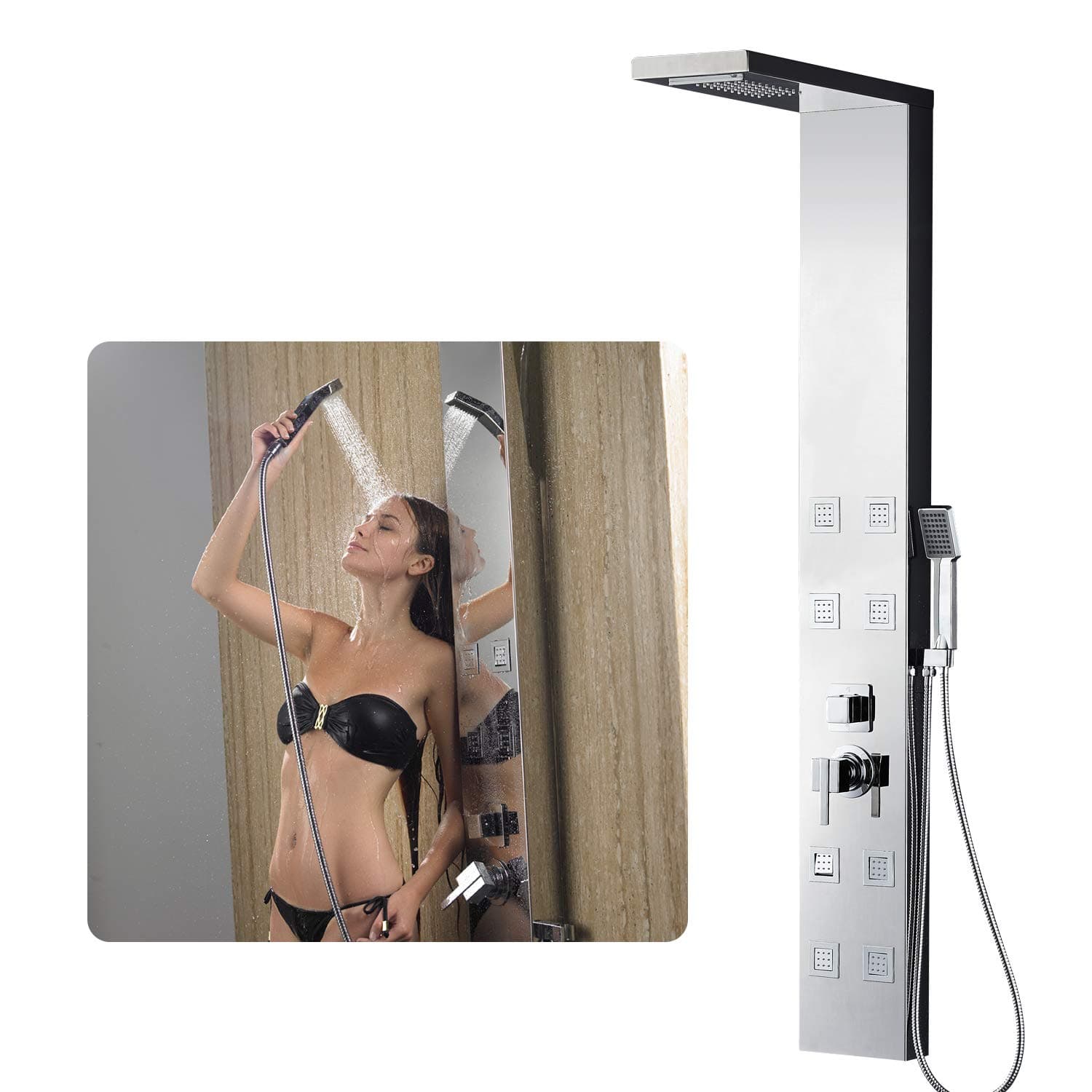 Vantory Shower Panel Tower System Head SUS 304 Stainless Steel,8K Mirror Rainfall Waterfall Massage with 8 Body Jets, Chrome plated finish, 55" VS158