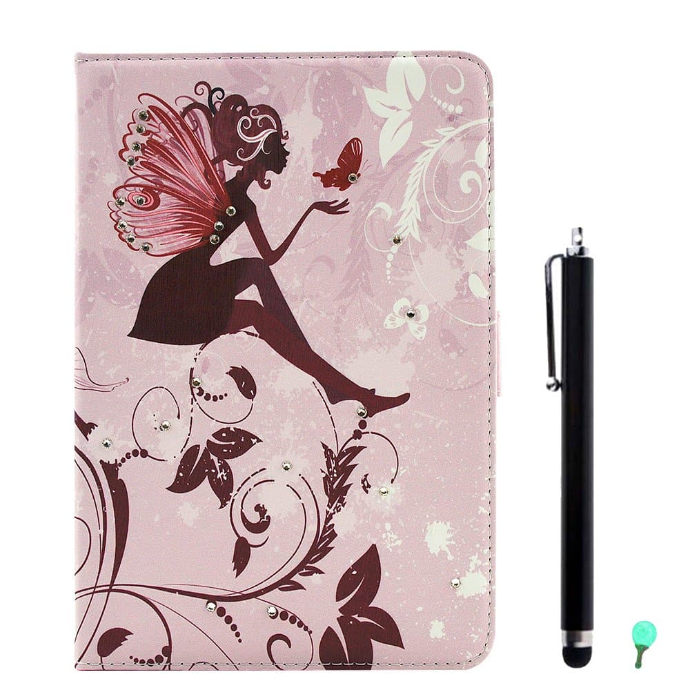 PU Leather Case for Samsung Galaxy Tab A 8.0 SM-T350, Aohro Bling Glitter Beautiful Flowers Series Diamond Folio Flip Stand Cover + Stylus Pen + Dust Plug - Butterfly Flower Fairy
