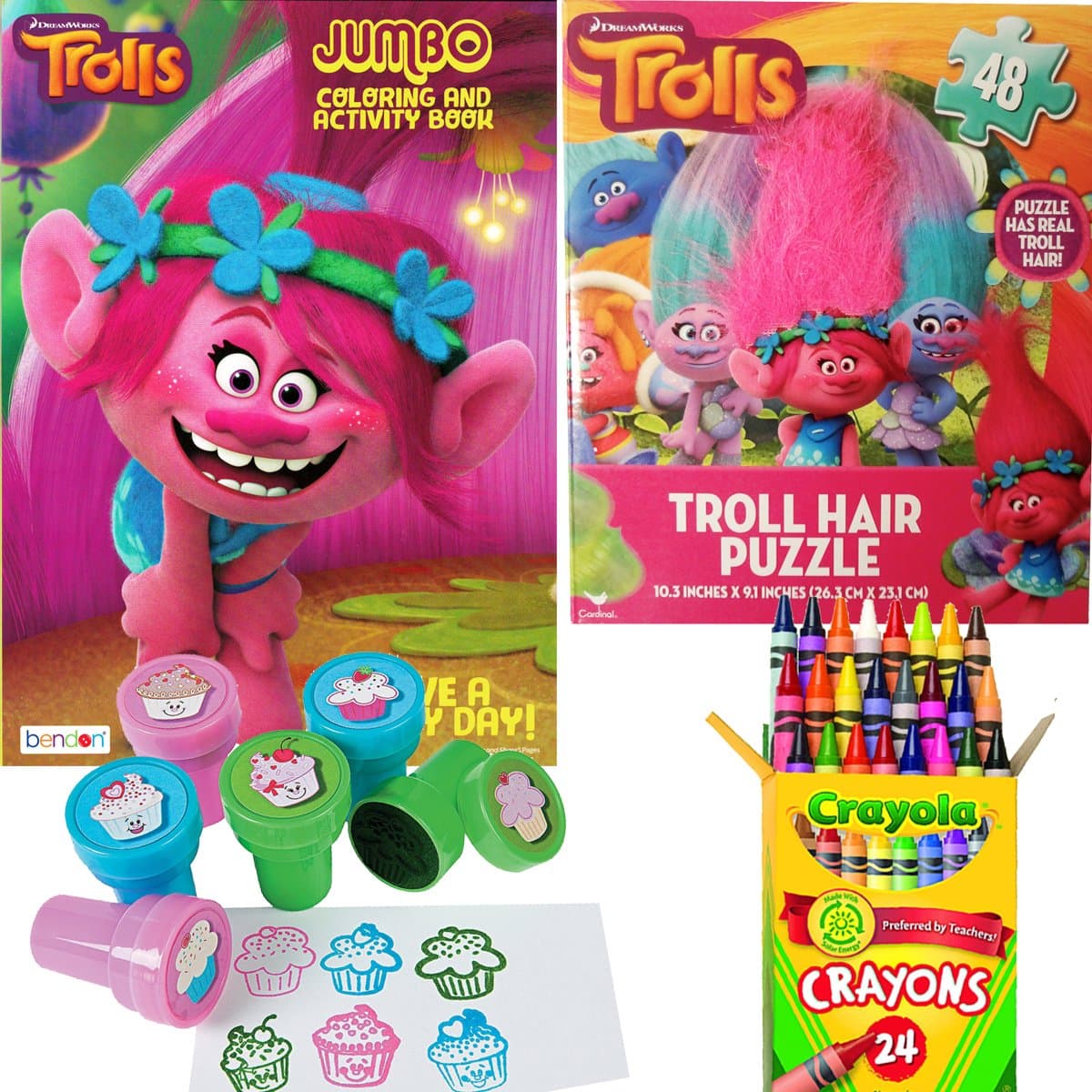 Dreamworks Trolls Coloring Book, Puzzle and Stamper Activity Set - Include 1 Coloring Book (96 pages) , Trolls Puzzle , 24 Crayola Crayons and 6 Stampers