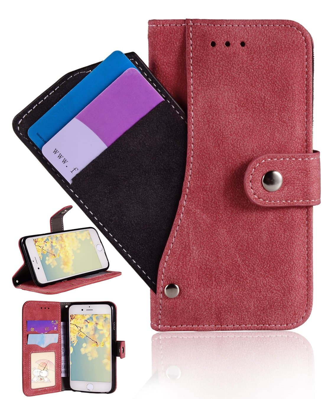 iPhone 6s case,FLYEE Chamois Flip Leather Cover [Stand View] with Rorating Card Slots [Wallet Case]Button Switch and Pocket Shell For Apple iphone 6/6s 4.7 inch-Red