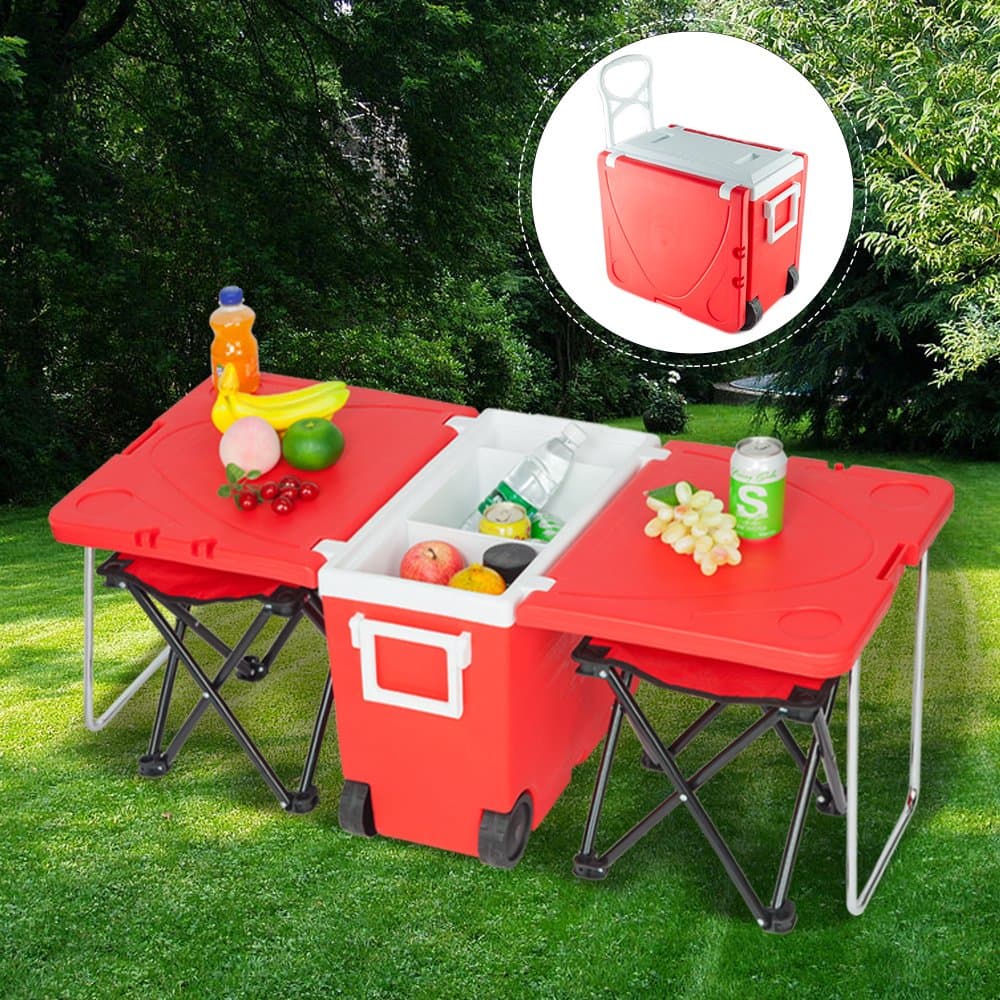 Goujxcy Upgraded Rolling Cooler Picnic Table Multi Function for Picnic Fishing Portable Storage Food Beverage Included Foldable Table W/Two Chairs Camping Trip Cooler