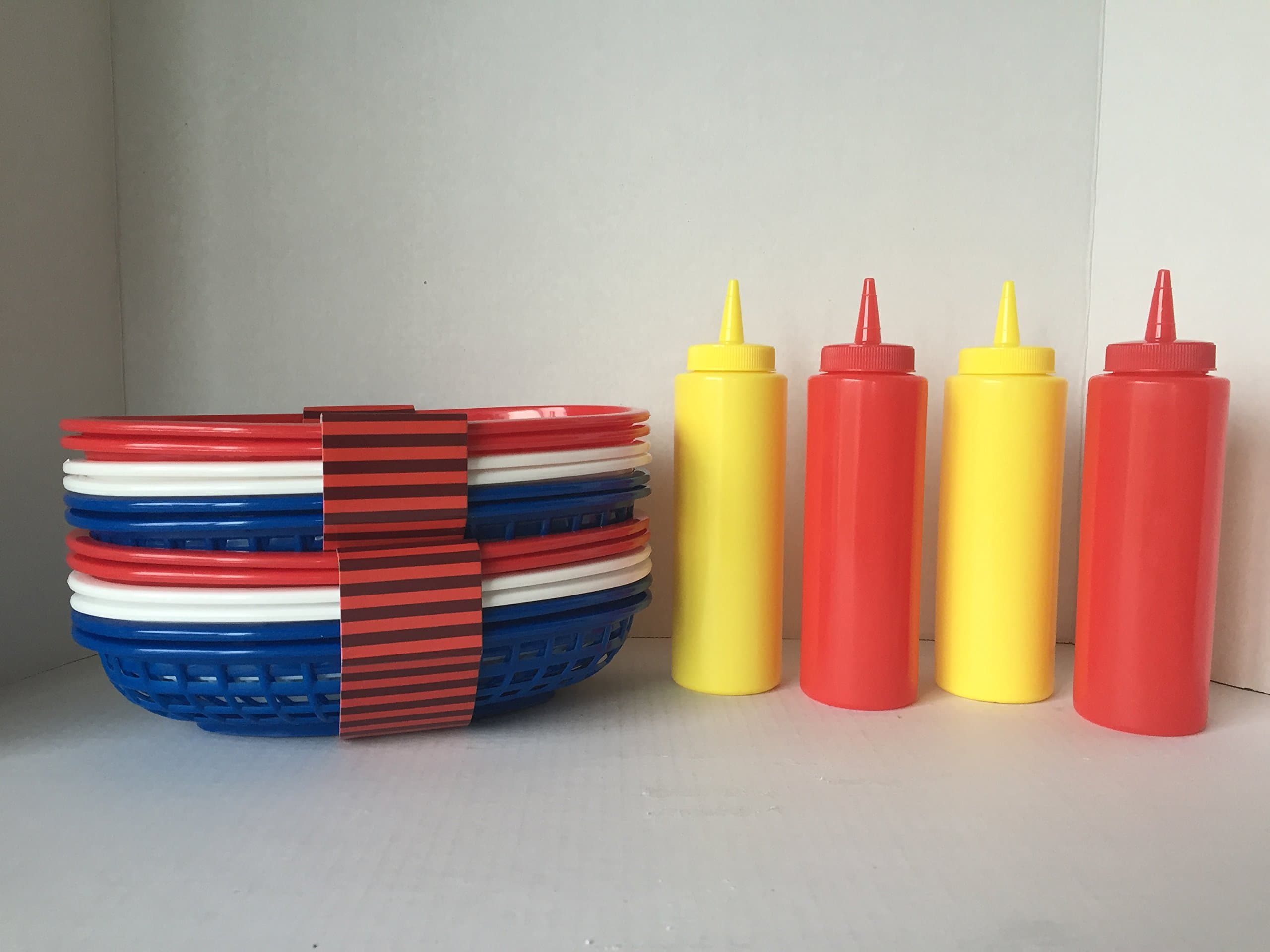 TableCraft Patriotic Red White Blue Plastic BBQ/Burger Baskets (set of 12), TableCraft 2-Ketchup and 2-Mustard Dispensers (total 4) , Plus a Bonus Free Burger Secret Sauce Recipe from Z Organics. The Perfect Bundle For That Summer BBQ, Picnic or Memorial Day Party (10 Items + Free)