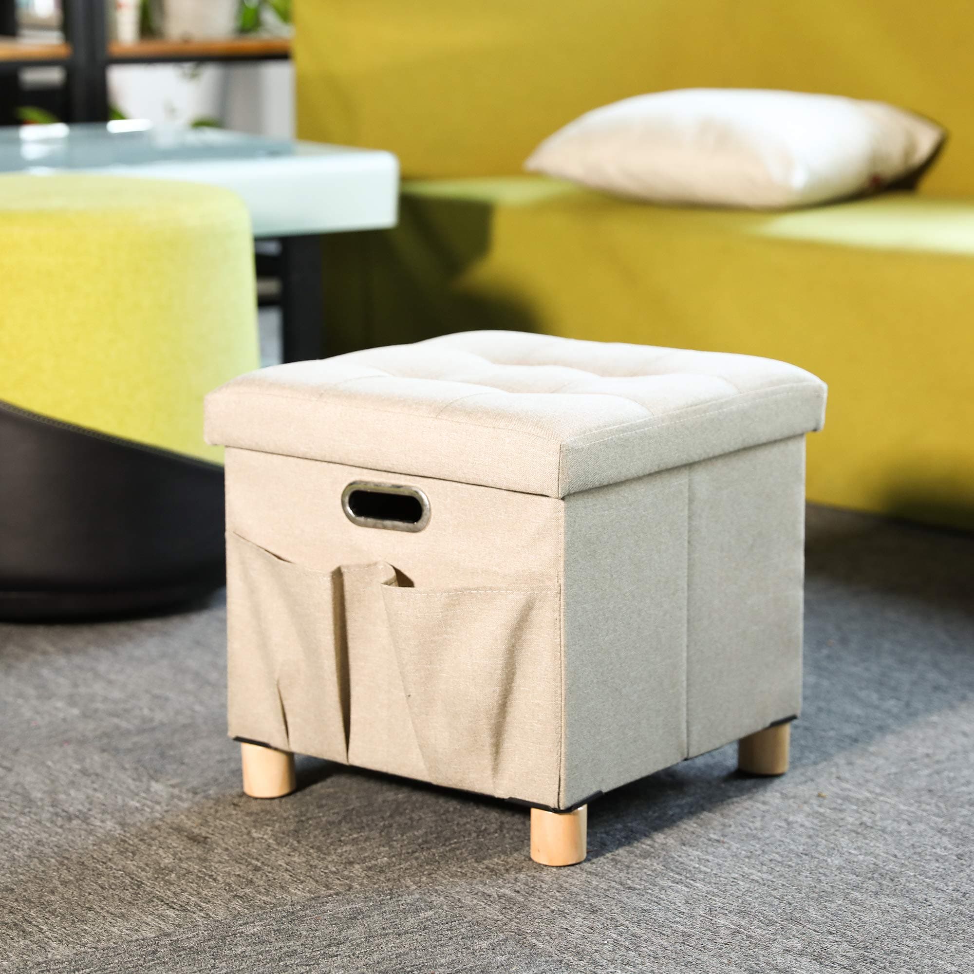 Cassilia Folding Storage Ottoman Cube Footrest Seat, Coffee Table, Versatile Space-Saving Ottoman, 15 x 15 x 13.7 inch’ (Grey with Side Pocket) (Beige with Side Pocket)