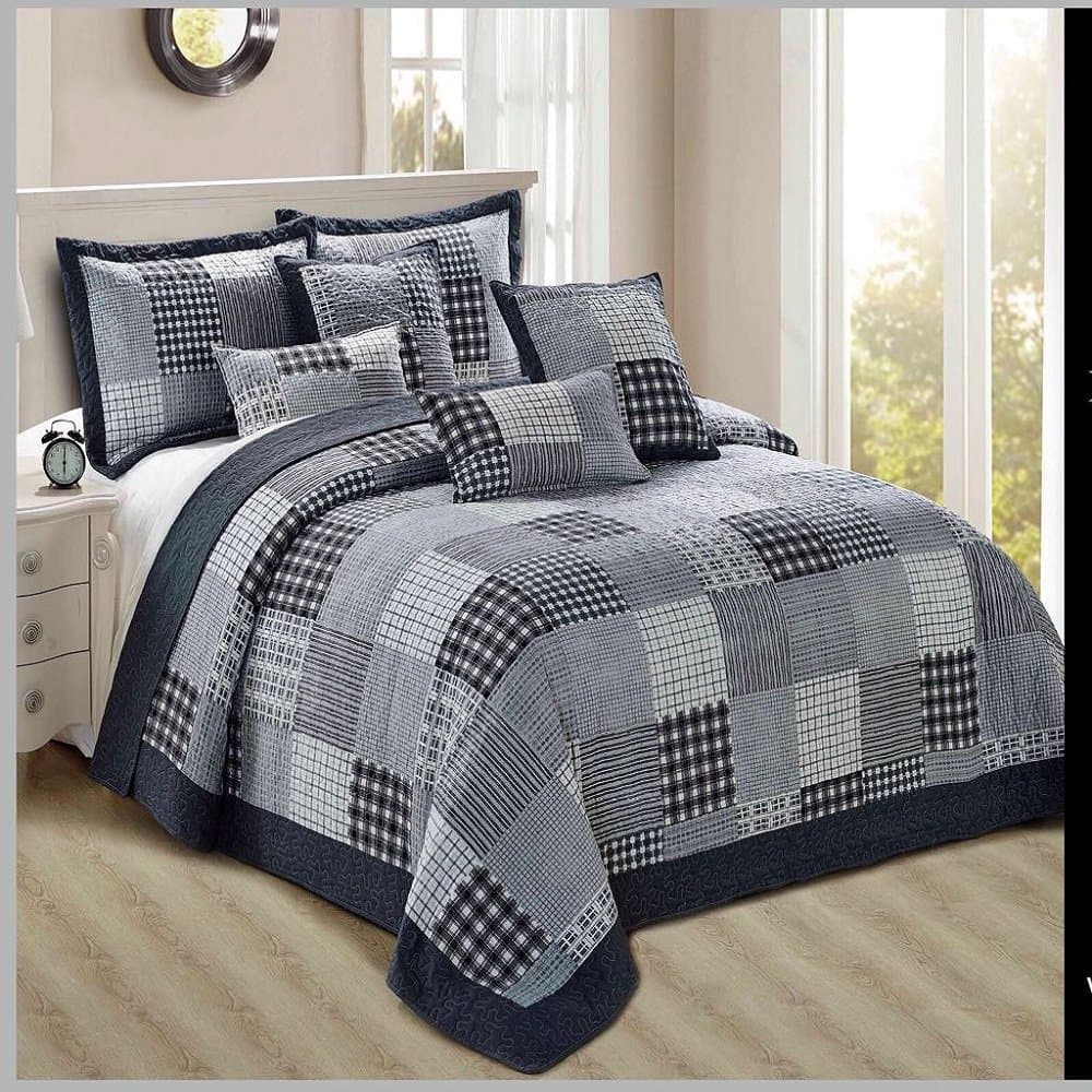 3pc Check Decor Embroidered Victorian Traditional Printed Quilted Comforter Set/Bedspread & Pillow Shams Dark Grey