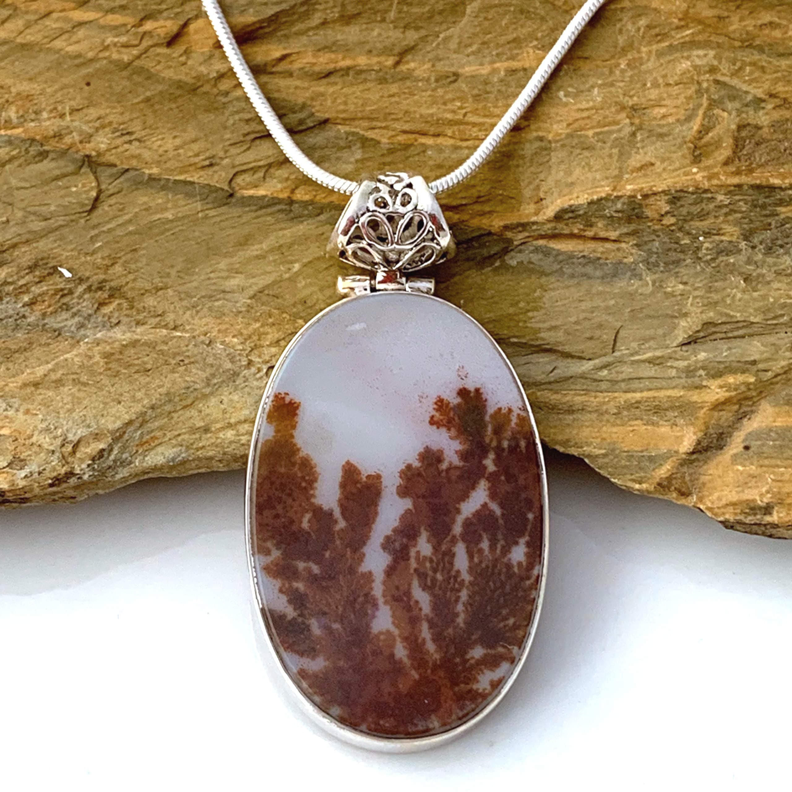 Natural DENDRITIC AGATE Gemstone Slab (3.4 x 2.2cm), 925 Sterling Silver, Scenic Oval Pendant (1.6' Long) Handmade Jewelry with Free Silver Chain.