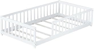 Bellemave Twin Size Floor Bed with slats for Kids, Girls, Boys, Wood Montessori Floor Bed with Guard Rails, Without Door, White