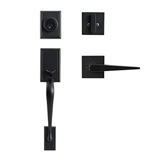 Natsukage Front Door Handle Set Matte Black Entry Door Lock Set Heavy Duty Entrance Handle Set with Lock, with Single Cylinder Deadbolt and Lever Handle, Reversible for Right & Left Handed Doors