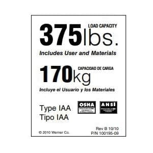 Generic Werner LDR375 Replacement 375 lbs. Duty Rating Label - Fit On Fiberglass & Aluminum Ladders, White & Black