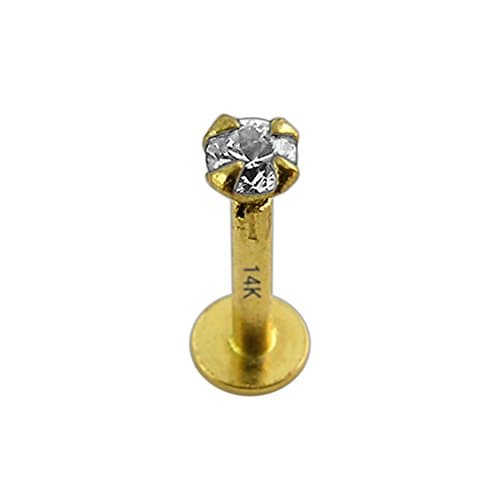 AtoZ Piercing 14K Solid Yellow Gold 2MM Round CZ Stone with 16 Gauge Hollow Lip Labret Stud Jewelry
