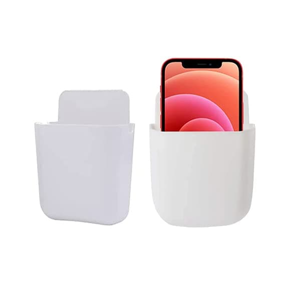 DSNS Wall Mounted Adhesive Remote Control Stand Mobile Phone Holder for Charging AC/TV Storage Box for All Smartphones | Pack of 2 (of-White)