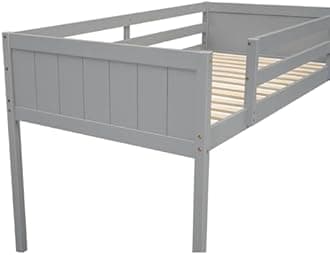 Bellemave Low Loft Bed with Ladder, Wood Loft Bed Twin Size for Adults, Kids and Young Teens, No Box Spring Required,Wood Slat Support (Gray, Slope Ladder)