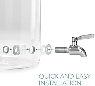 Navaris Beverage Dispenser with Stand - 1.3 Gallon (5L) Glass Drink Dispenser with Spigot, Lid, Wood Stand for Hot or Cold Drinks, Ice Water, Parties