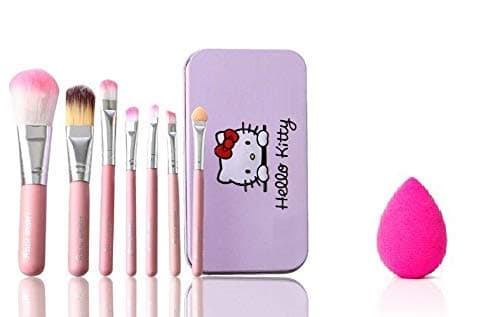 RONZILLE Makeup Brushes With Hello Kitty Print Storage Box and Makeup Blending Puff Sponge - Pink , Pack of 7 , Kitty