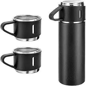 Vacuum Flask Gift Set Bottle with 3 Cups Flask 500 ml Flask (Pack of 1, Black, Steel) (Black)