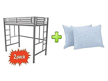 Bundle Set - Your Zone Indoor Metal Loft Bunk Twin Bed in Silver - Set of 2 with Blue/White Stripe 20" x 28" Huge Pillow