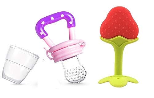 First TrendStar Nibbler Fruit Shape Silicone Teether with Baby Fruit Nibbler Pacifier for Baby (Combo Saver Pack of 2) (Grapes & Yellow Pacifier)