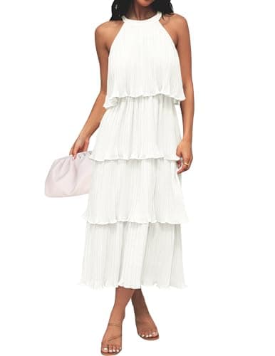 ZESICA Women's 2025 Summer Sleeveless Halter Neck Ruffle Tiered Layed Chiffon Flowy Swing Long Midi Dress