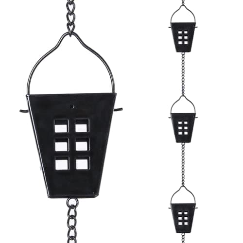 Square Rain Chain, 10 Ft Black Rain Gutter Chains with 12 Cups, Adjustable Rain Catcher Chain with Bell for Eaves Drainage, Outdoor Replacement Downspout for Gutters