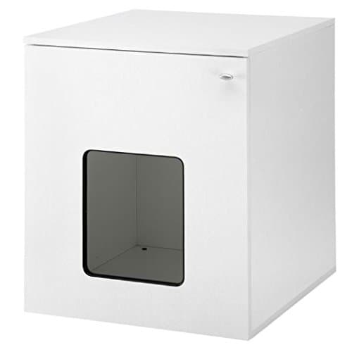 Modern White Cat Cupboard - Innovative and Multifunctional Litter Box/Sleeping Den with Swing Door, Shelf - with Free Globoshop Cat Toy